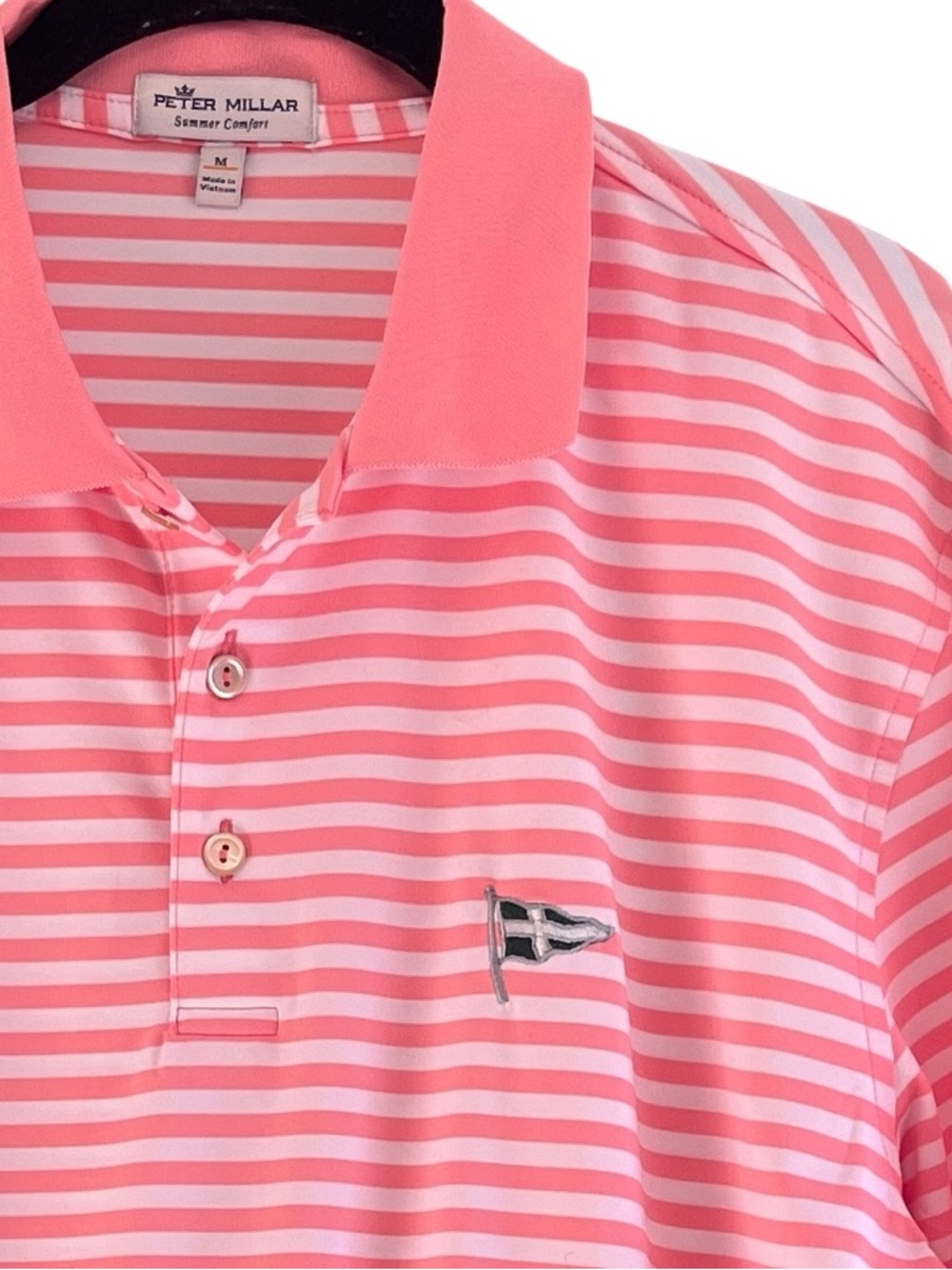 Peter Millar Summer Comfort Polo M Pink White Stripe Golf Shirt Flag Logo
